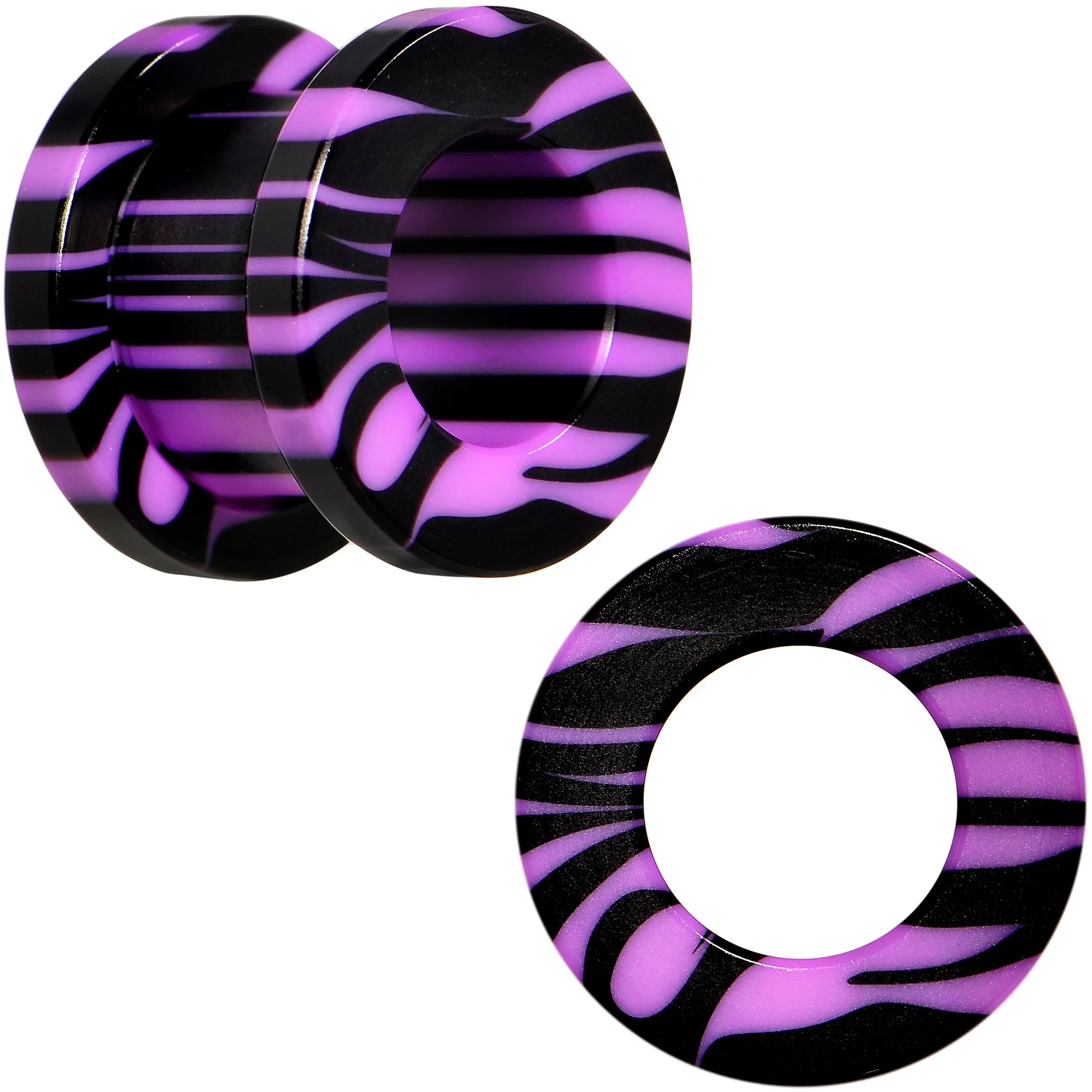 00 Gauge Purple Black Acrylic Zebra Striped Screw Fit Tunnel Plug Set