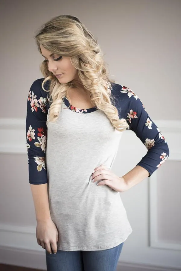 3/4 Sleeve Navy Floral Top