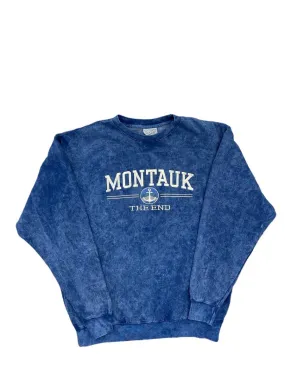 Adult Unisex Crewneck Pullover with Embroidered Montauk The End and Anchor in Denim Blue