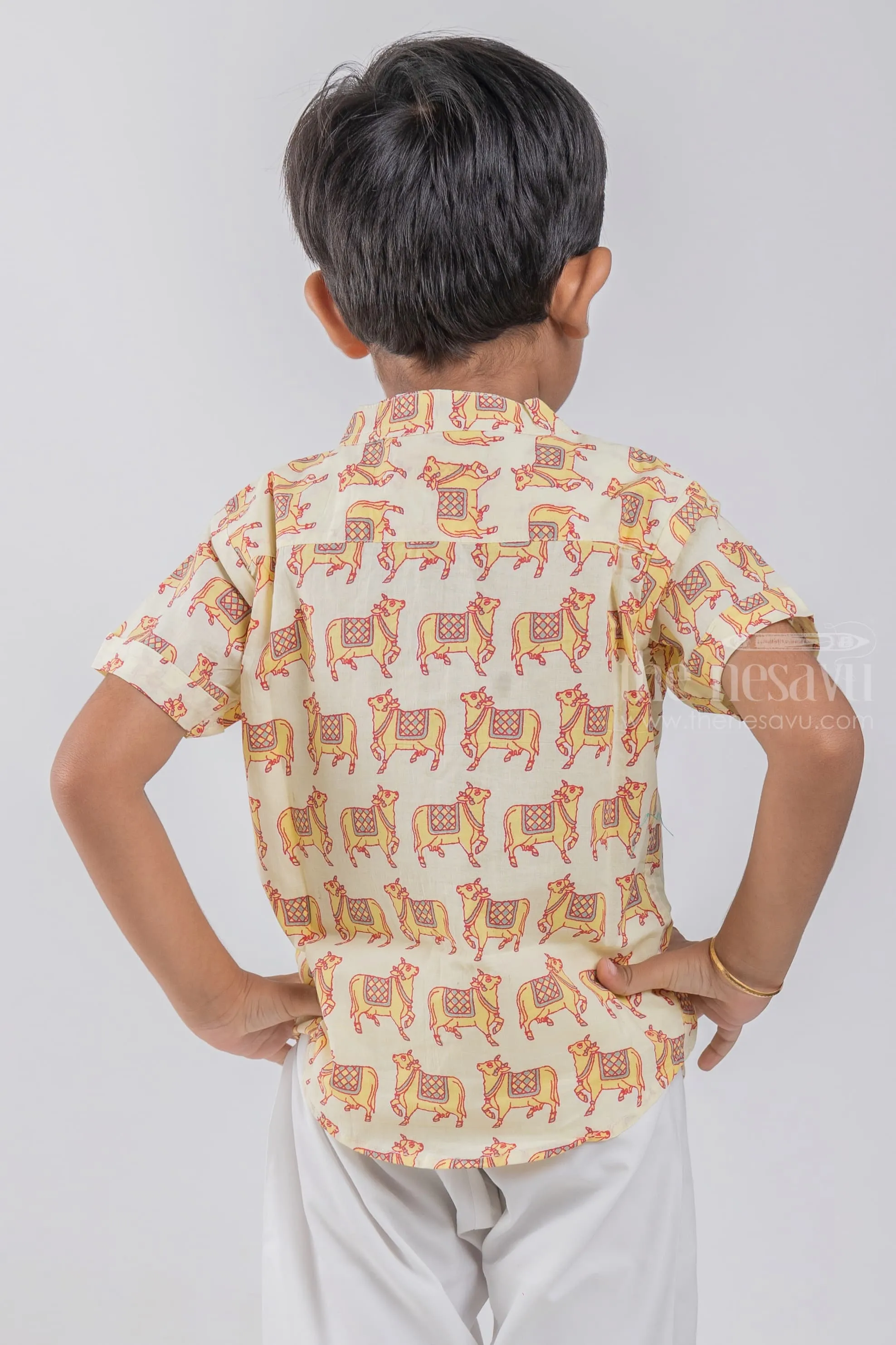 AFV. Graceful Boys' Ethnic Shirt featuring Pichwai Cow Print | Nesavu | Pay Homage to Art and Culture