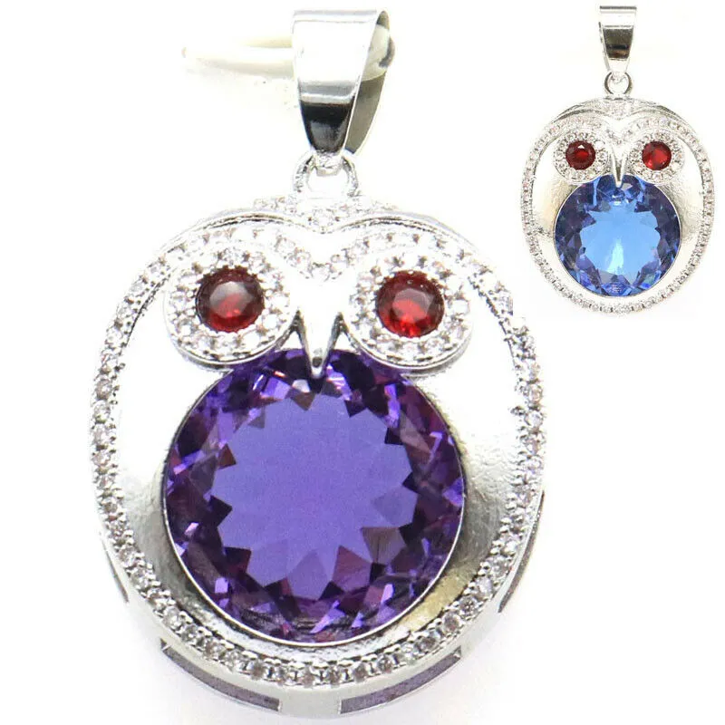 Alexandrite Topaz Ruby Eye Owl Shape Pendant Necklace