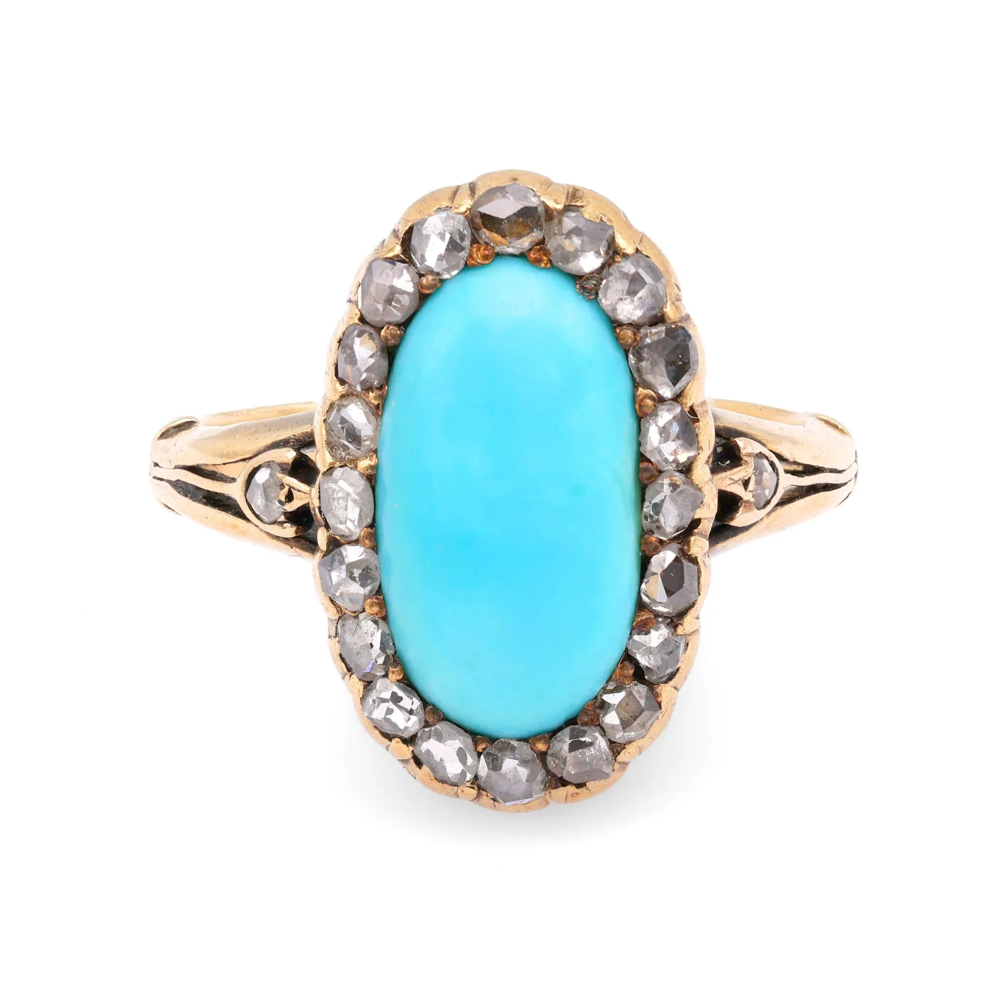 Antique Turquoise Diamond 18K Yellow Gold Cluster Ring