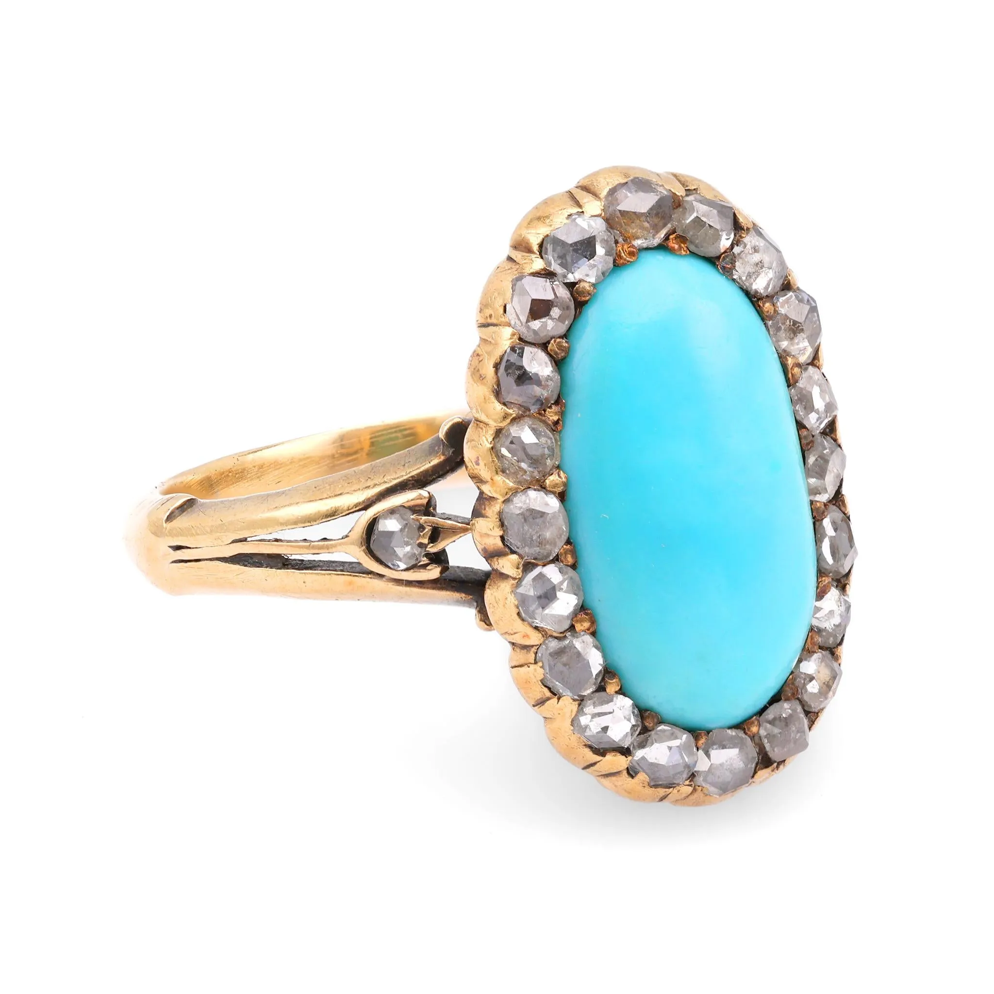 Antique Turquoise Diamond 18K Yellow Gold Cluster Ring