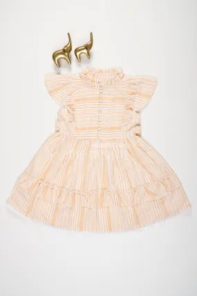 Beige Cotton Frock with Stripes and Pleats for Girls