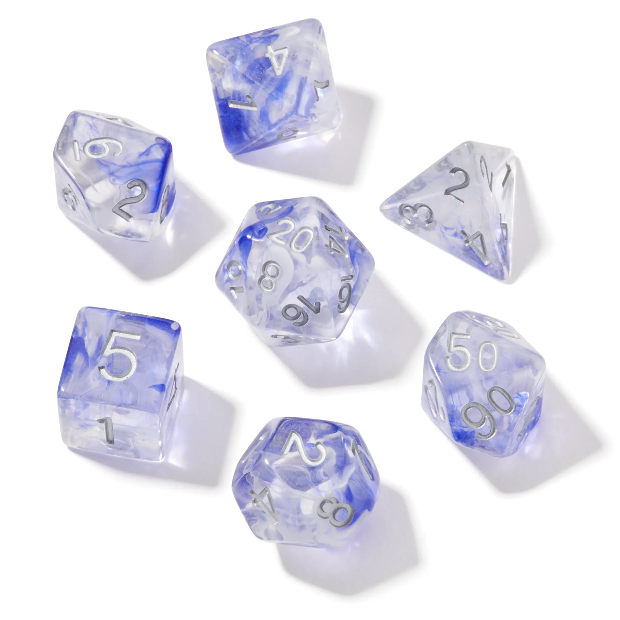 Blue Smoke Swirl Clear Resin 7pc Dice Set