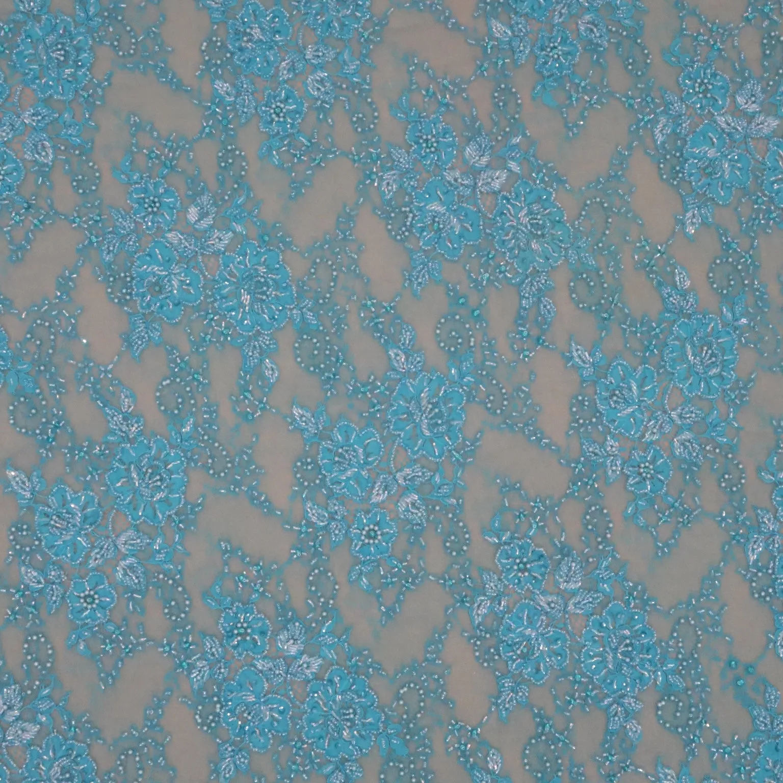 Blue Tulle with Blue Floral Design with Bugle Beads Pearls and Rhinestones Embroidered Fabric