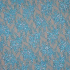 Blue Tulle with Blue Floral Design with Bugle Beads Pearls and Rhinestones Embroidered Fabric