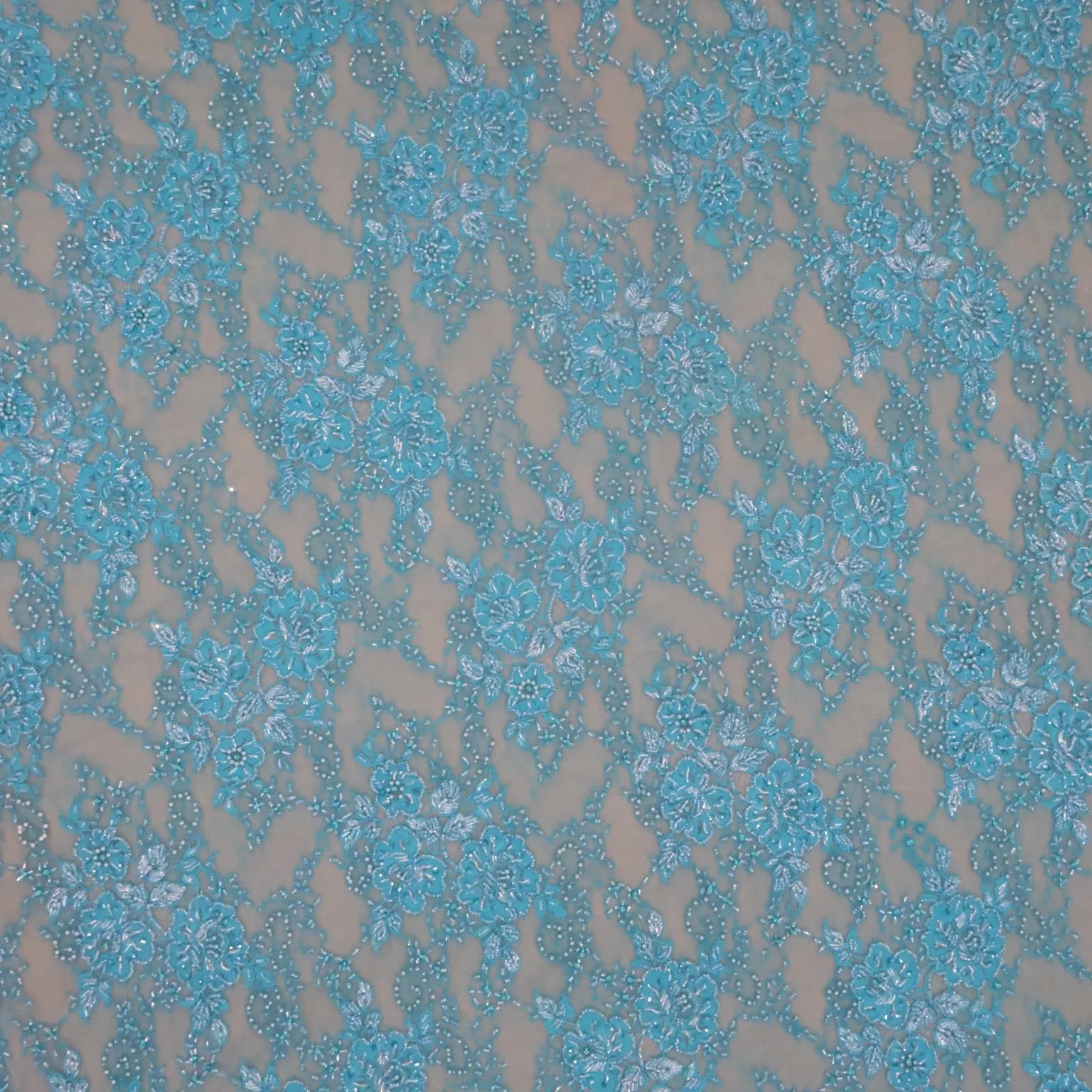 Blue Tulle with Blue Floral Design with Bugle Beads Pearls and Rhinestones Embroidered Fabric