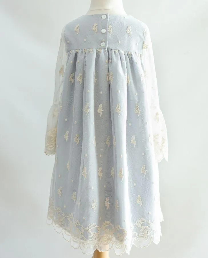 Blue/Ivory Embroidered Overlay Toddler Dress