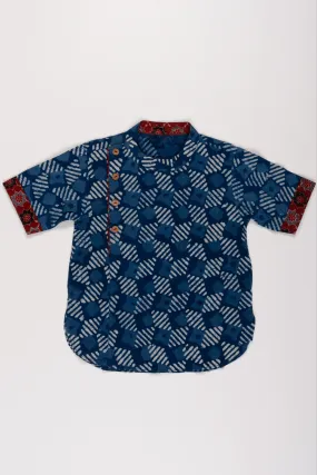 Boys Aesthetic Blue Cotton Shirt with Abstract Design and Unique Cuff Accents