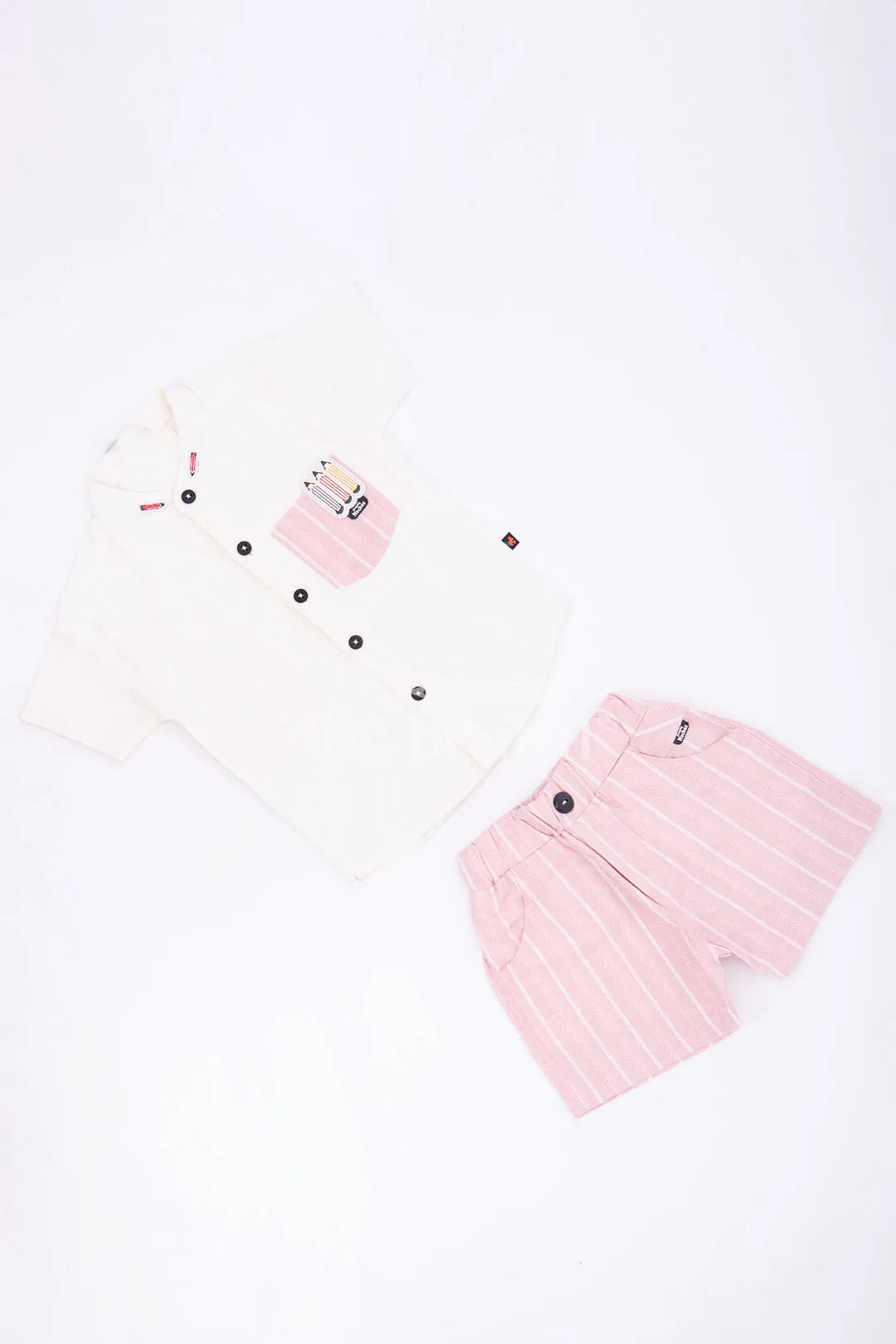 Boys Beige Striped Half Sleeve Shirt and Pink Shorts Set