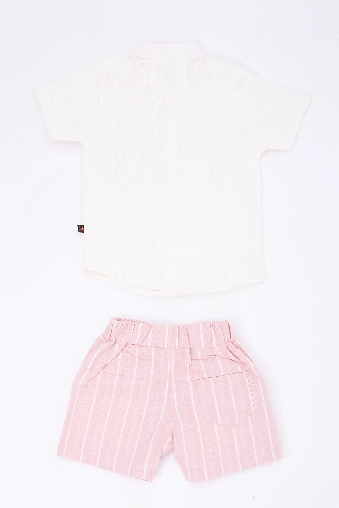 Boys Beige Striped Half Sleeve Shirt and Pink Shorts Set