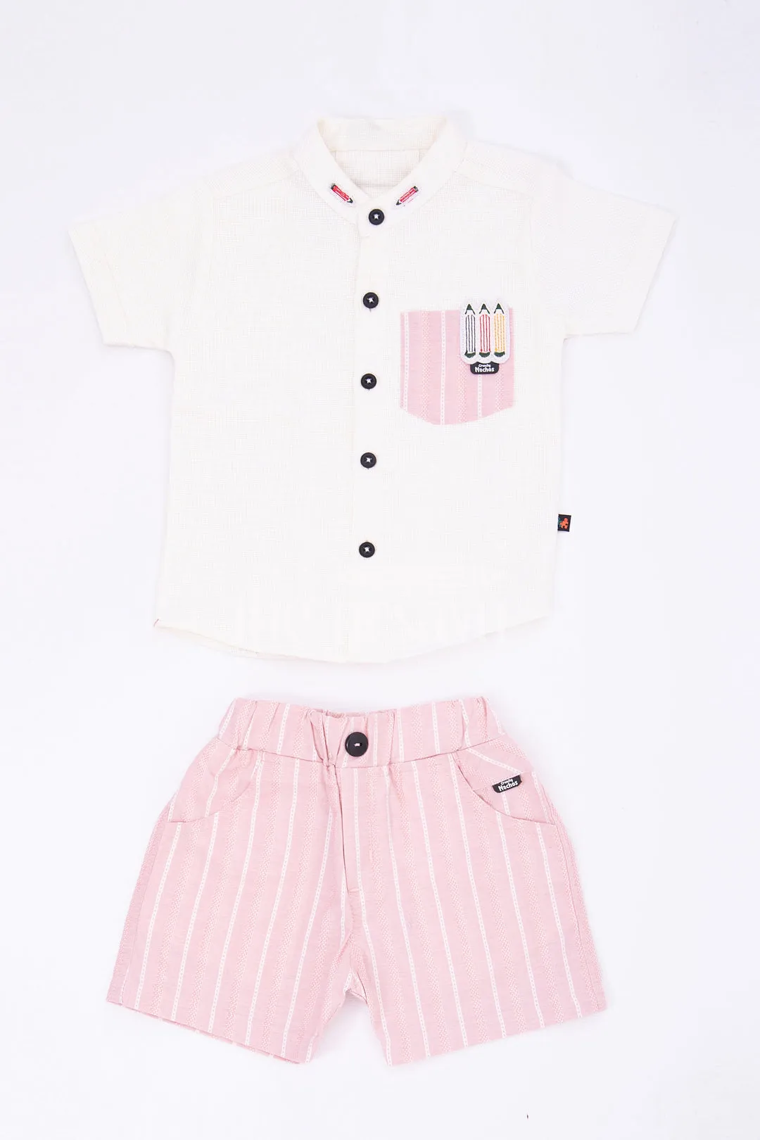 Boys Beige Striped Half Sleeve Shirt and Pink Shorts Set