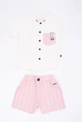 Boys Beige Striped Half Sleeve Shirt and Pink Shorts Set