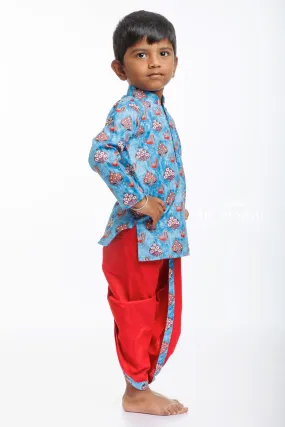 Boys Traditional Peacock Blue Kurta with Red Dhoti Set