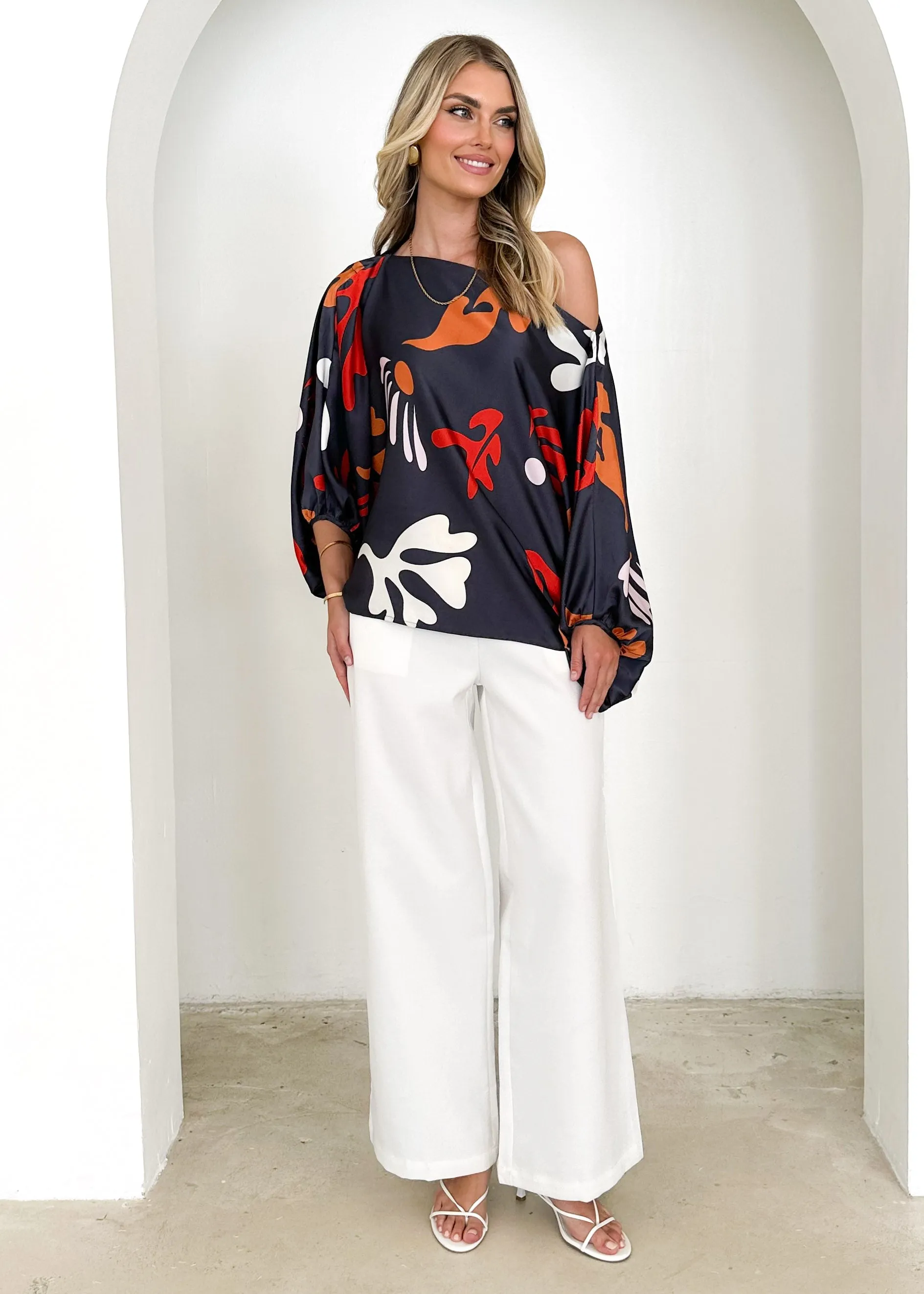 Cleos Off Shoulder Top - Slate Abstract