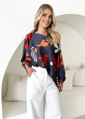 Cleos Off Shoulder Top - Slate Abstract