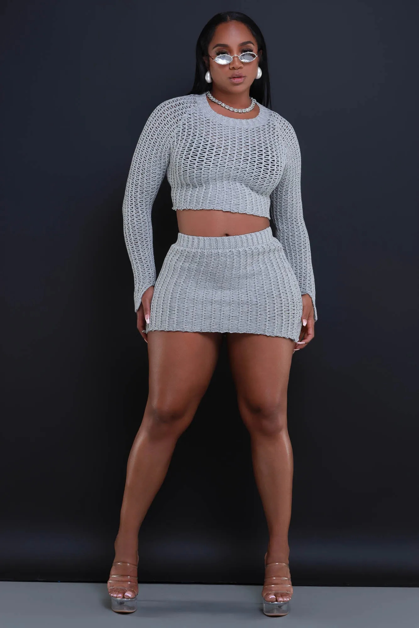 Cloud Nine Cropped Knit Skirt Set - Grey