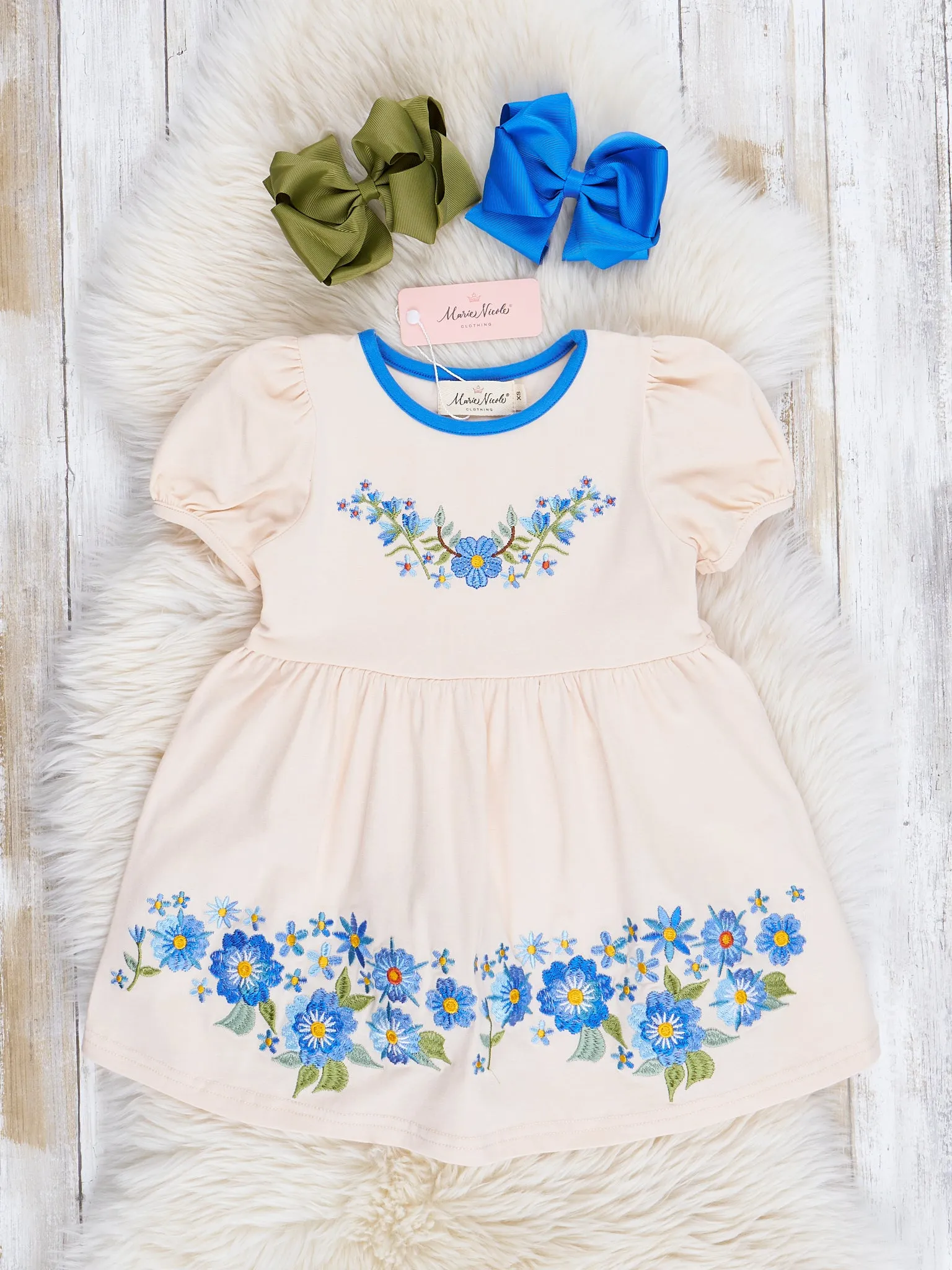 Cream & Blue Embroidered Garden Dress