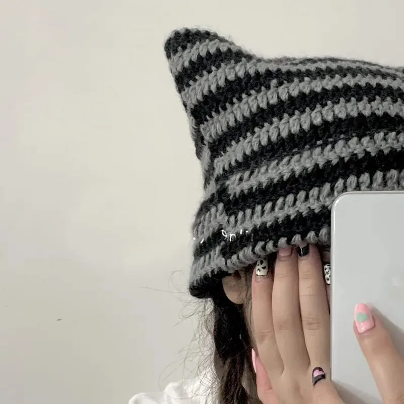 Cute Grey & Black Cat Ears Warm Beanie Hat