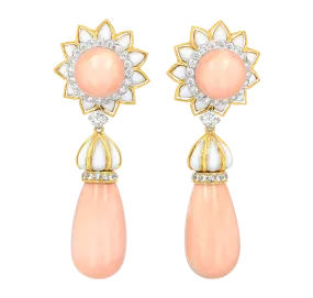 David Webb Coral, Enamel and Diamond Earrings