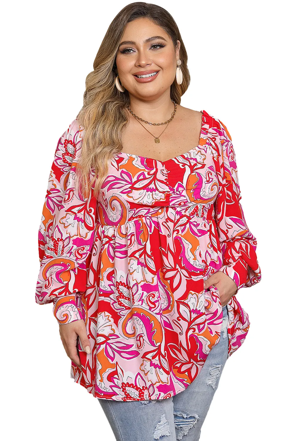 Fiery Red Plus Size Floral Sweetheart Neck Babydoll Blouse