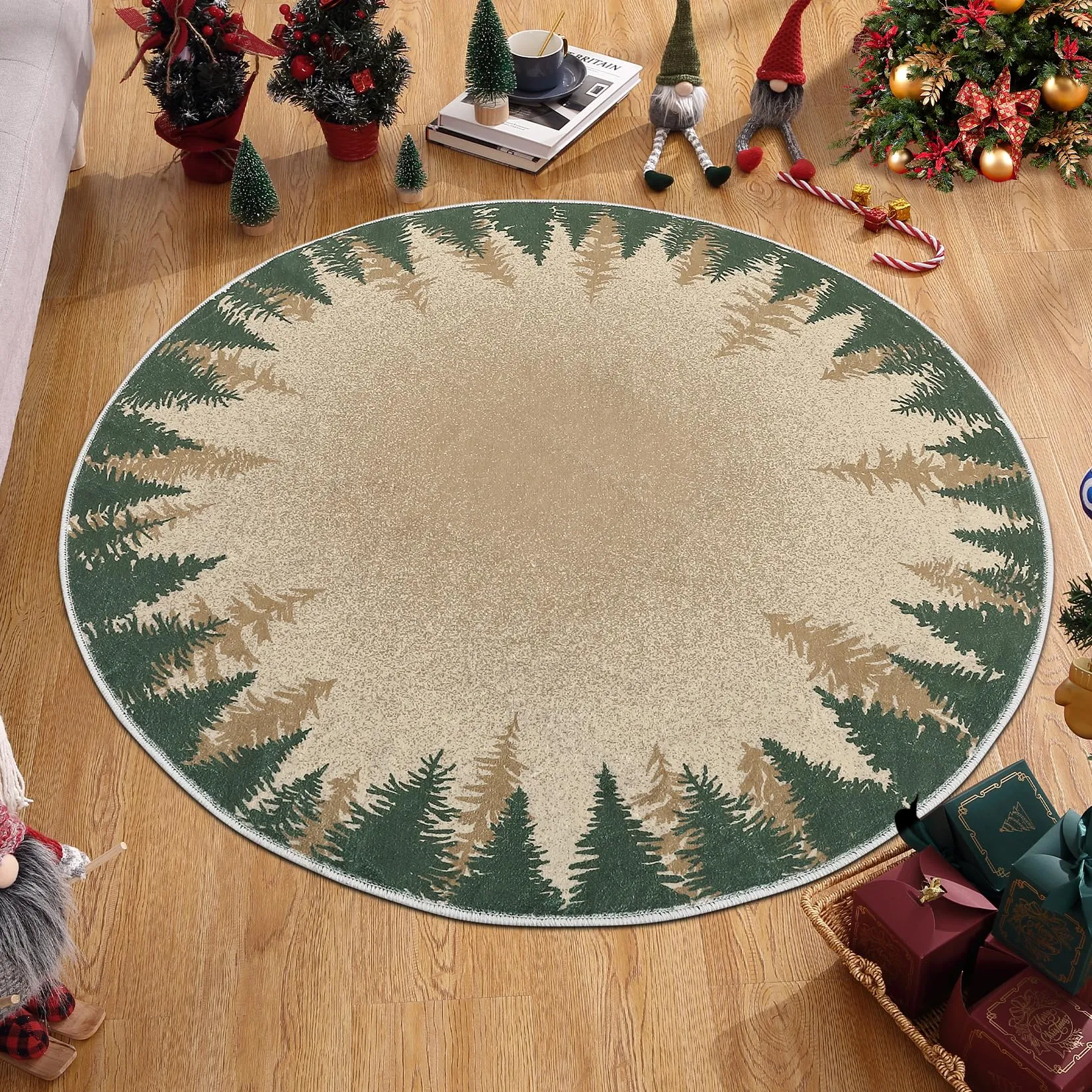 GARVEE 4ft Small Round Rug Christmas Decor Circle Rug Washable Indoor Throw Floor Covers Xmas Decorative Round Area Rug Snowflake Boho Rug Non-Slip Festival Carpet for Living Room Bedroom, Green