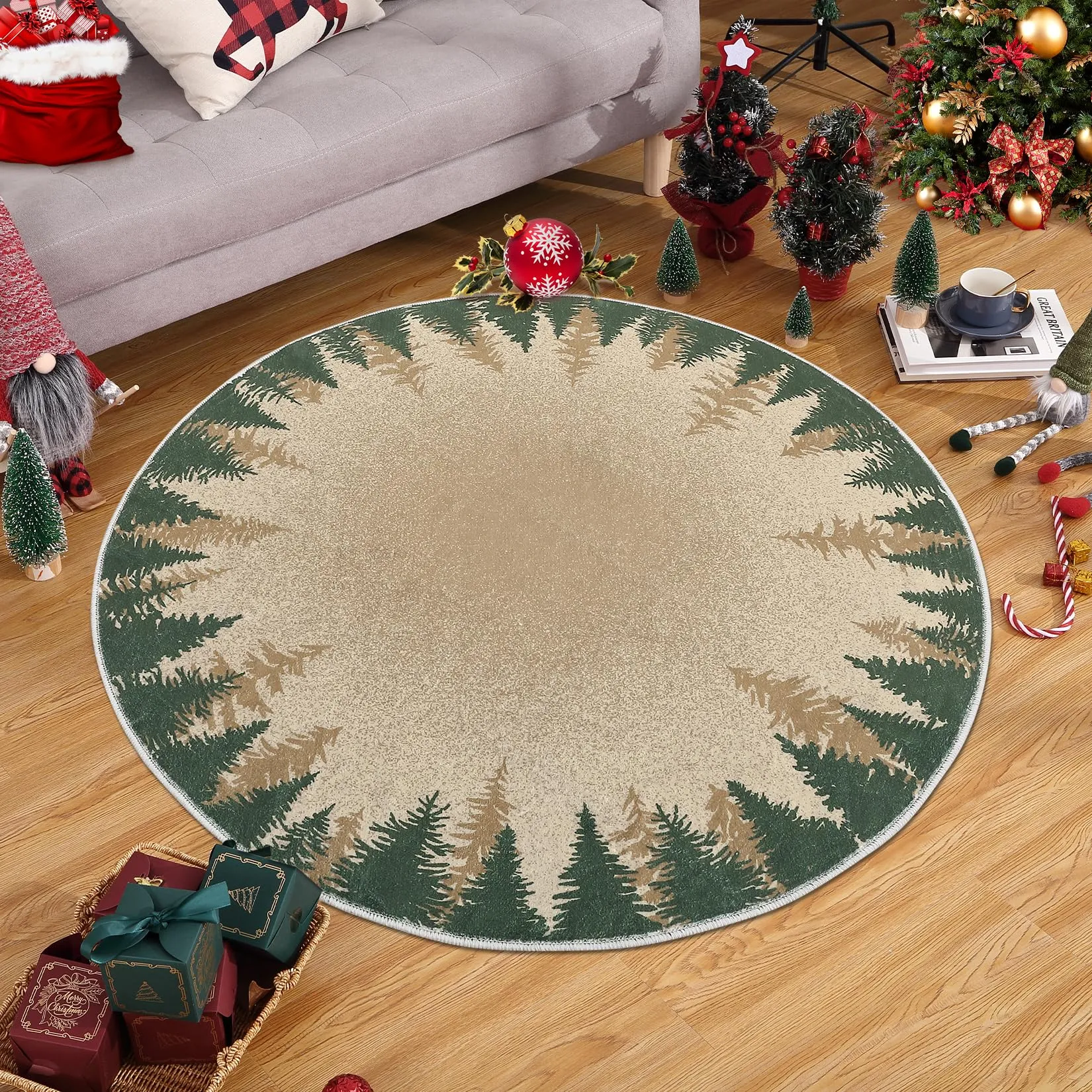 GARVEE 4ft Small Round Rug Christmas Decor Circle Rug Washable Indoor Throw Floor Covers Xmas Decorative Round Area Rug Snowflake Boho Rug Non-Slip Festival Carpet for Living Room Bedroom, Green