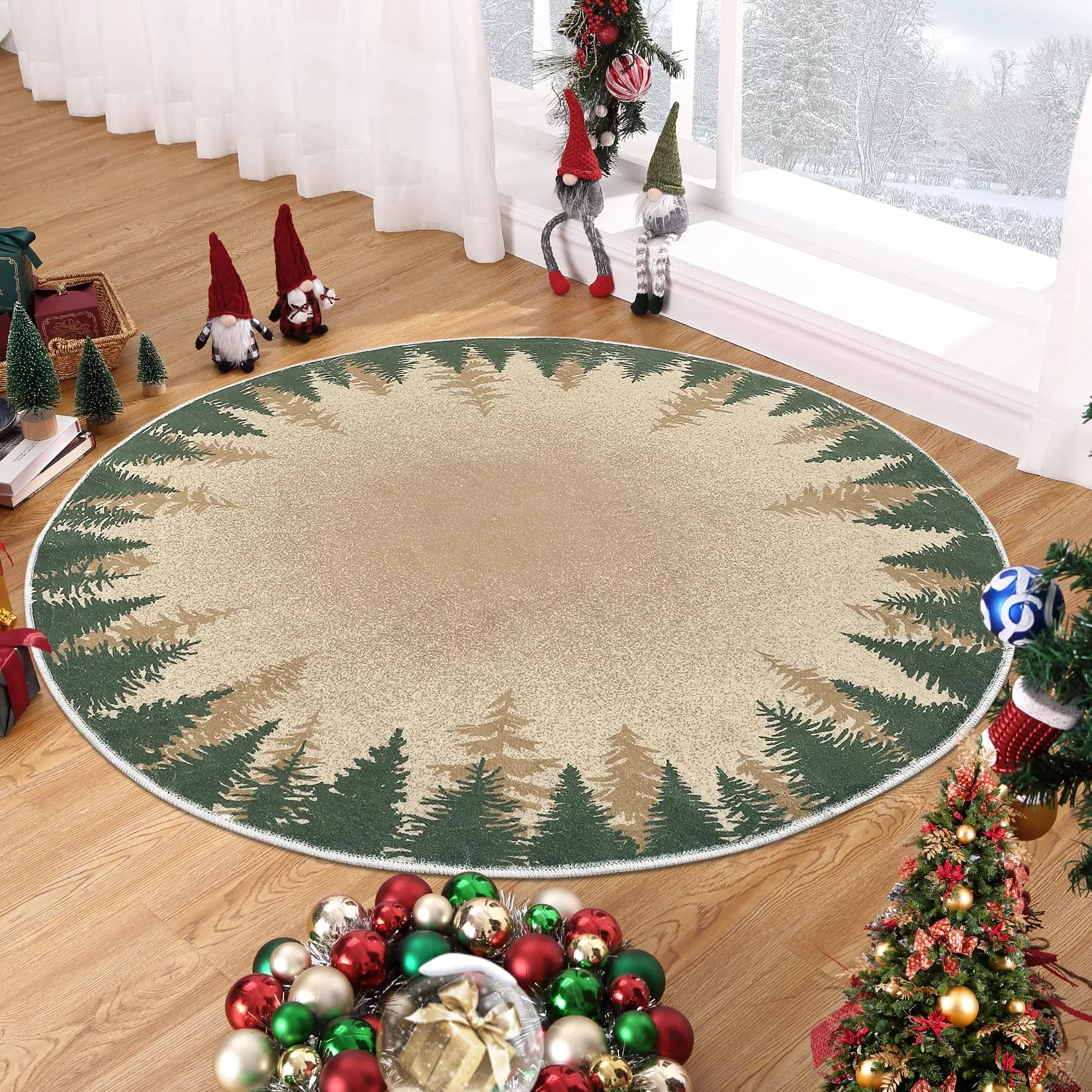 GARVEE 4ft Small Round Rug Christmas Decor Circle Rug Washable Indoor Throw Floor Covers Xmas Decorative Round Area Rug Snowflake Boho Rug Non-Slip Festival Carpet for Living Room Bedroom, Green