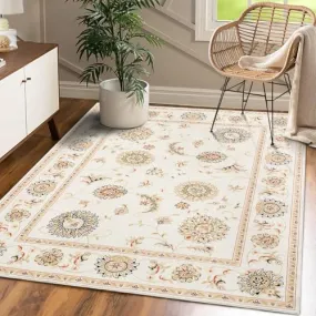 GARVEE 5x7 Living Room Area Rug Machine Washable Area Rug Indoor Floral Rug Bohemian Throw Carpet Boho Rug Vintage Rug Traditional Rug for Bedroom Kitchen Nursery Home Office, Ivory/Yellow 5' x 7'