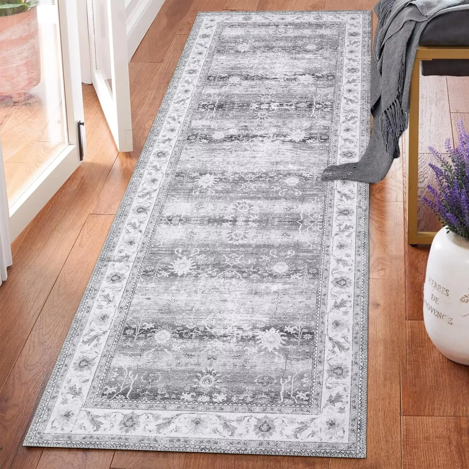 GARVEE Area Rug 2x10 Runner Rugs for Living Room Bedroom Washable Rug Indoor Floor Mats Soft Carpet Boho Accent for Bedroom Decor,Grey