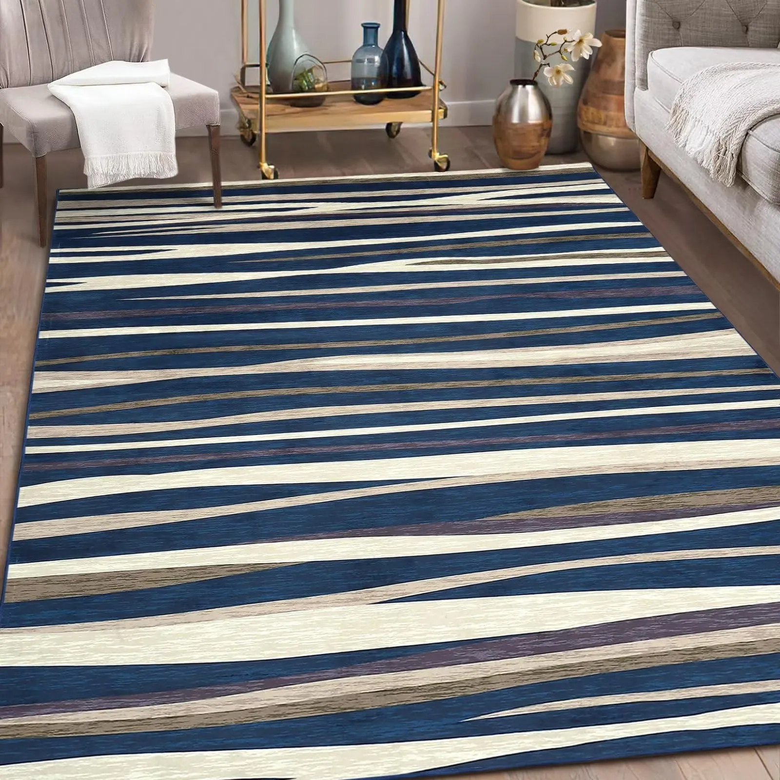 GARVEE Area Rug 9x12 Modern Abstract Rugs for Living Room Machine Washable Area Rug Bohemian Farmhouse Soft Rug Non Shedding Rug Indoor Carpet for Bedroom Living Room, Navy/Beige