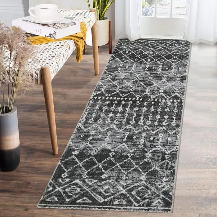 GARVEE Bohemian Moroccan Rug 2'x3' Non-Slip, Washable, Polyester, Low Pile, Black & Ivory, Indoor Entryway, Living Room