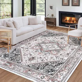 GARVEE Bohemian Washable Area Rug 5x7 Oriental Rug Medallion Rugs Vintage Living Room Rug,Large Rug Non-Slip Bohemian Printed Non-Shedding Carpet for Dining Room Dorm,Pink 5x7