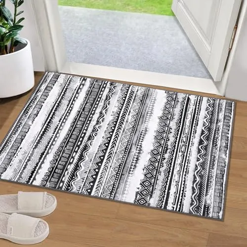 GARVEE Boho Area Rug 2x3 Non-Slip Geometric Mat - Soft, Durable Fabric, Pet & Child Friendly, Grey/Black, Ideal for Living Room, Bedroom