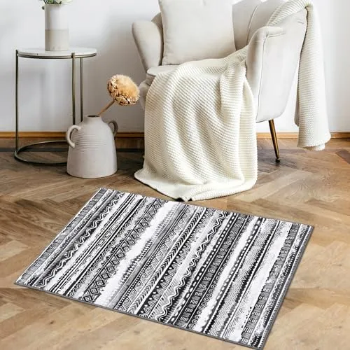 GARVEE Boho Area Rug 2x3 Non-Slip Geometric Mat - Soft, Durable Fabric, Pet & Child Friendly, Grey/Black, Ideal for Living Room, Bedroom