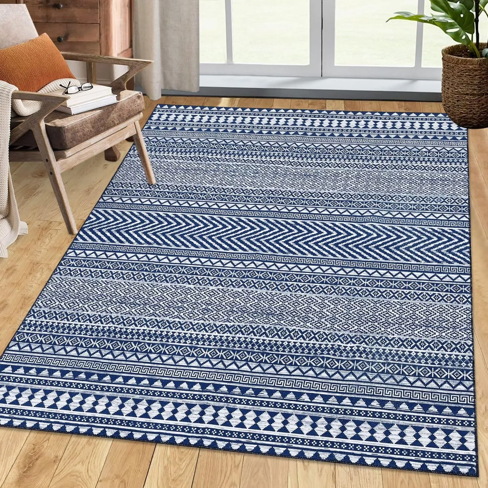 GARVEE Boho Area Rug 6x9 Navy Moroccan Bohemian Large Rug Indoor Modern Machine Washable Floor Carpet Non Slip Geometric Rug for Living Room Bedroom Stain Resistant Accent Rug for Dining Room Office