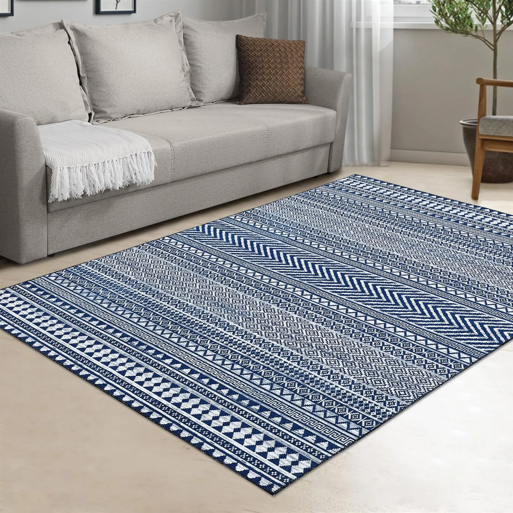 GARVEE Boho Area Rug 8x10 Moroccan Rug Large Bohemian Rug Indoor Modern Machine Washable Floor Carpet Non Slip Geometric Rug for Living Room Bedroom Stain Resistant Accent Rug Dining Room Office, Navy