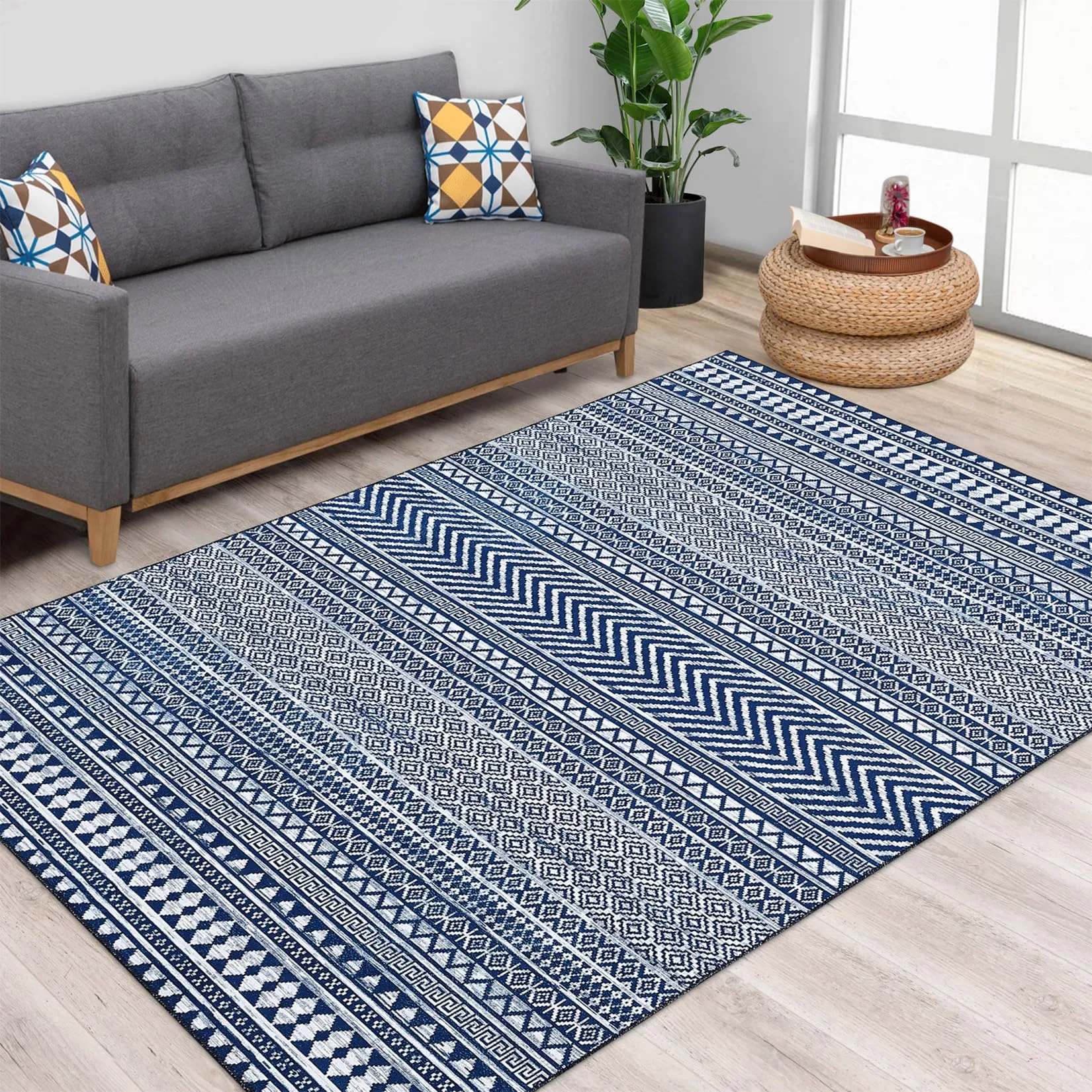 GARVEE Boho Area Rug 8x10 Moroccan Rug Large Bohemian Rug Indoor Modern Machine Washable Floor Carpet Non Slip Geometric Rug for Living Room Bedroom Stain Resistant Accent Rug Dining Room Office, Navy