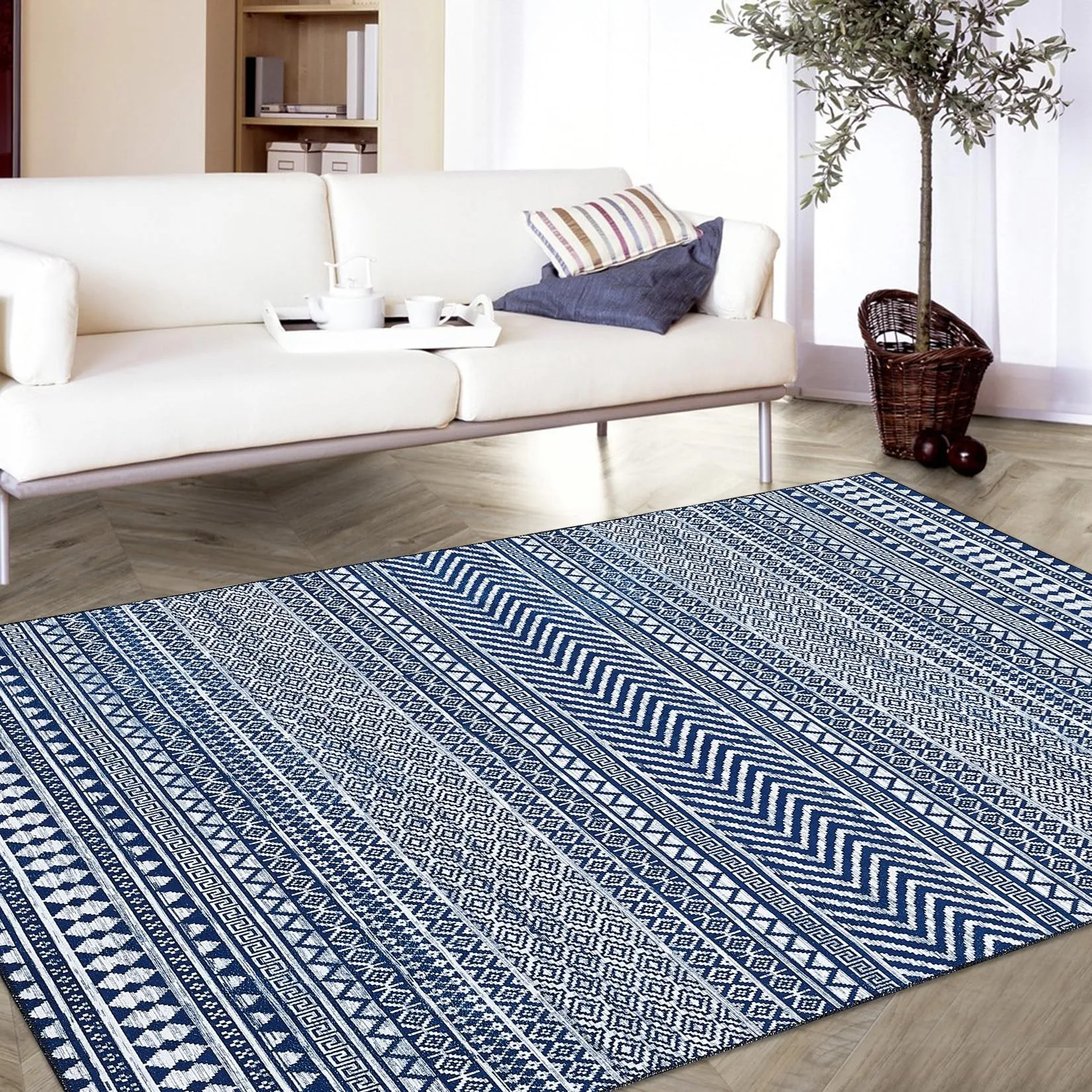 GARVEE Boho Area Rug 8x10 Moroccan Rug Large Bohemian Rug Indoor Modern Machine Washable Floor Carpet Non Slip Geometric Rug for Living Room Bedroom Stain Resistant Accent Rug Dining Room Office, Navy