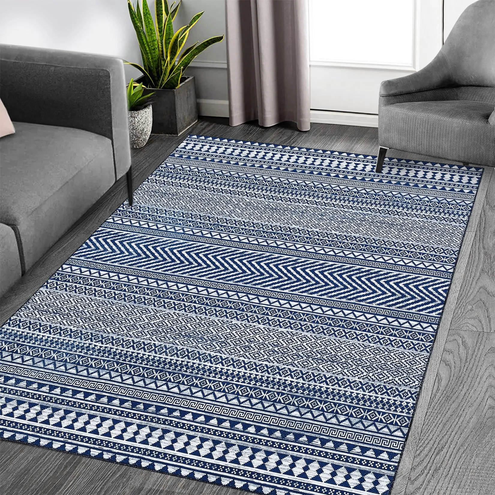 GARVEE Boho Area Rug 8x10 Moroccan Rug Large Bohemian Rug Indoor Modern Machine Washable Floor Carpet Non Slip Geometric Rug for Living Room Bedroom Stain Resistant Accent Rug Dining Room Office, Navy