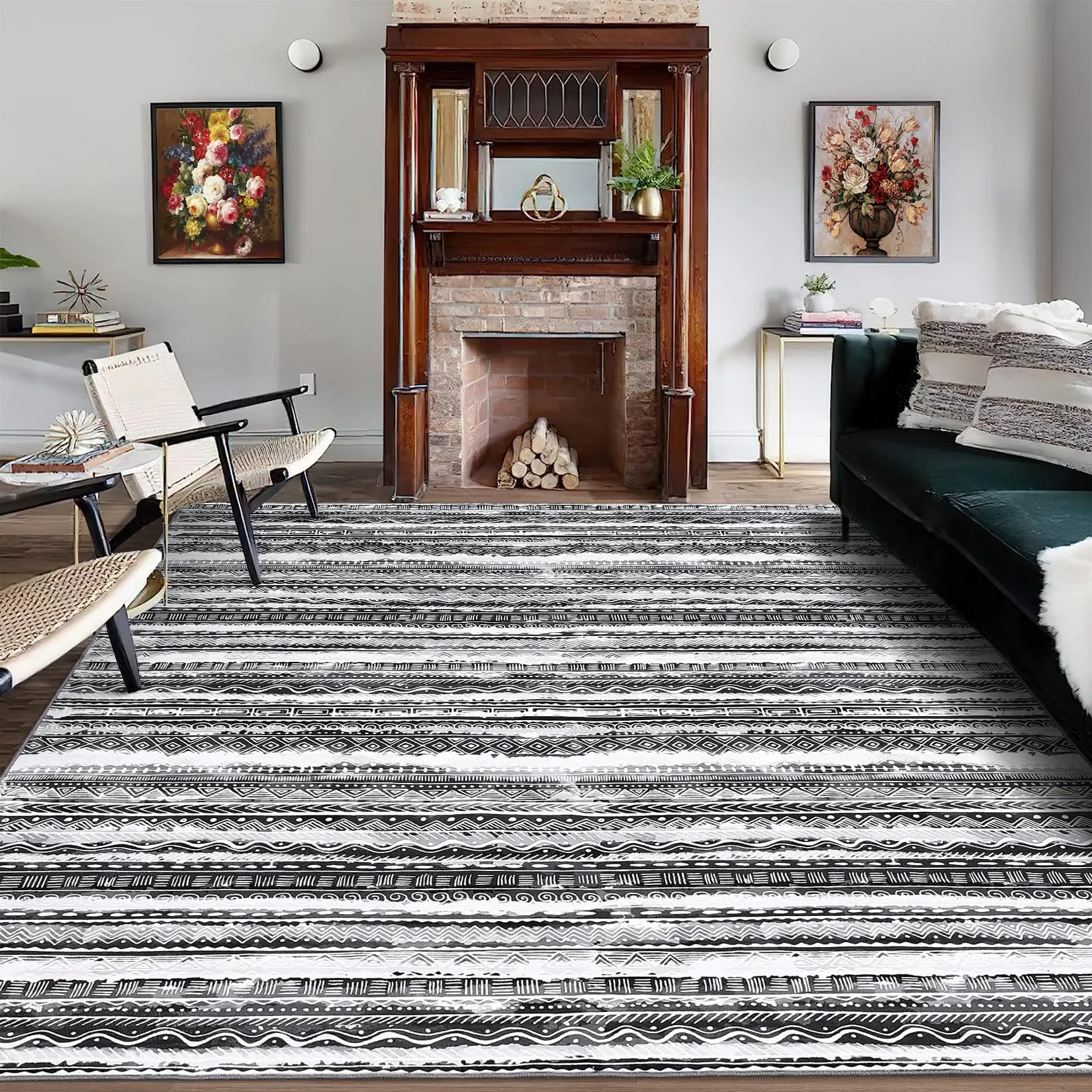 GARVEE Boho Geometric Area Rug 4x6 - Machine Washable, Non-Slip Backing, Plush Fabric, Foldable, Indoor Use, Grey/Black