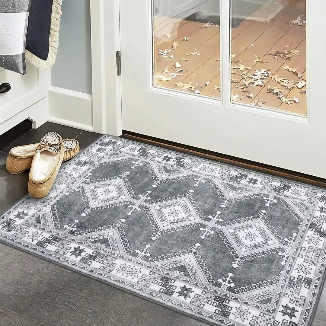 GARVEE Boho Small Rug 2x3 Moroccan Diamond Medallion Area Rug for Kitchen Entryway Bohemian Farmhouse Rustic Geometric Door Mat Washable Rug for Bedroom Kitchen Backyard, Grey