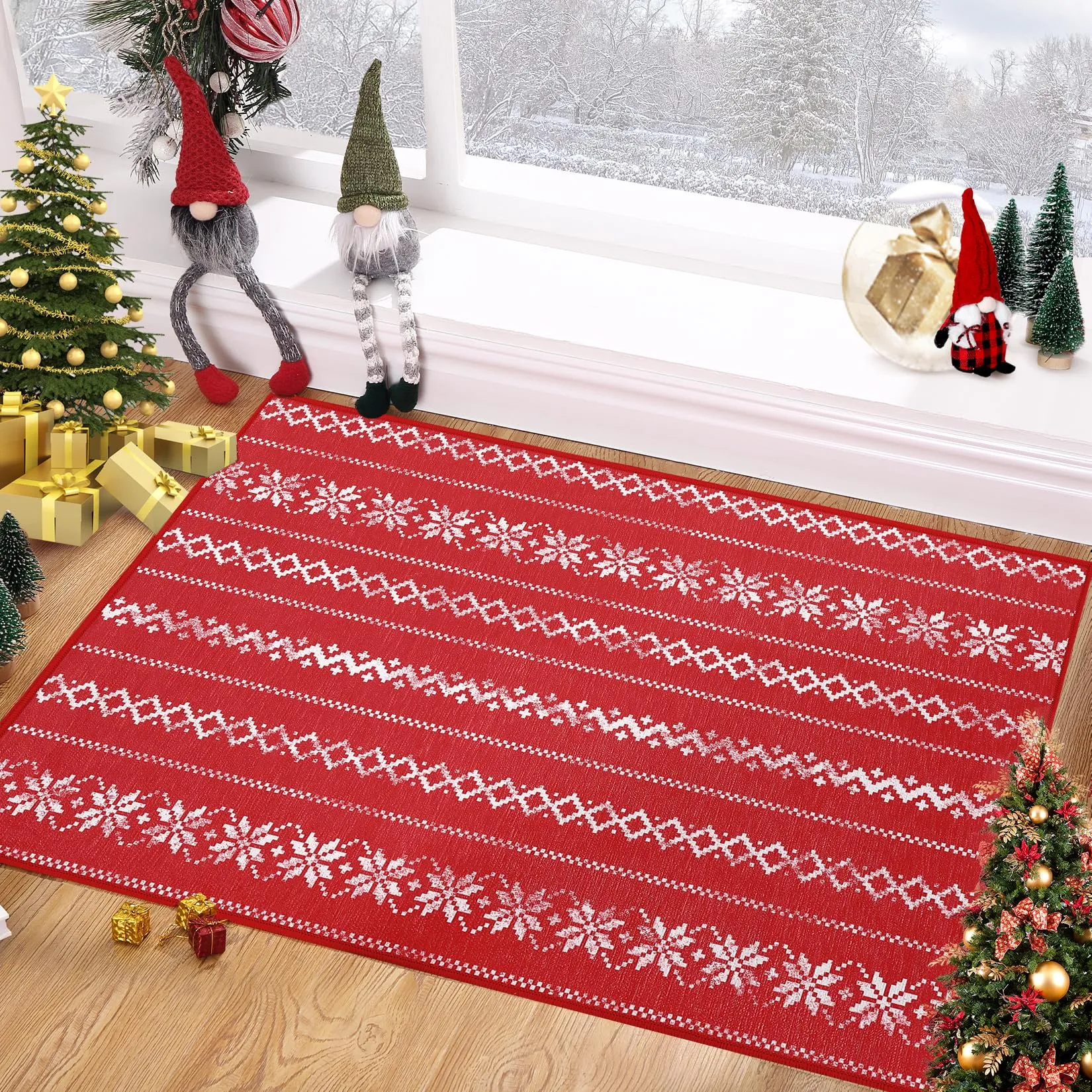 GARVEE Christmas Area Rug 2x3 Boho Area Rug for Entryway Bohemian Christmas Doormat Non-Slip Kitchen Rug Washable Floor Cover for Living Room Bedroom, Red Boho, 2x3 Feet