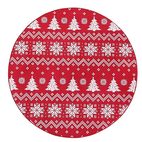 GARVEE Christmas Round Rug 4Ft Bohemian Style, Tree & Snowflake Pattern, Polyester, Non-Slip, Washable, Living & Dining Room