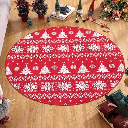 GARVEE Christmas Round Rug 4Ft Bohemian Style, Tree & Snowflake Pattern, Polyester, Non-Slip, Washable, Living & Dining Room