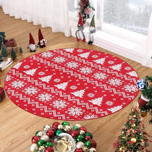 GARVEE Christmas Round Rug 4Ft Bohemian Style, Tree & Snowflake Pattern, Polyester, Non-Slip, Washable, Living & Dining Room