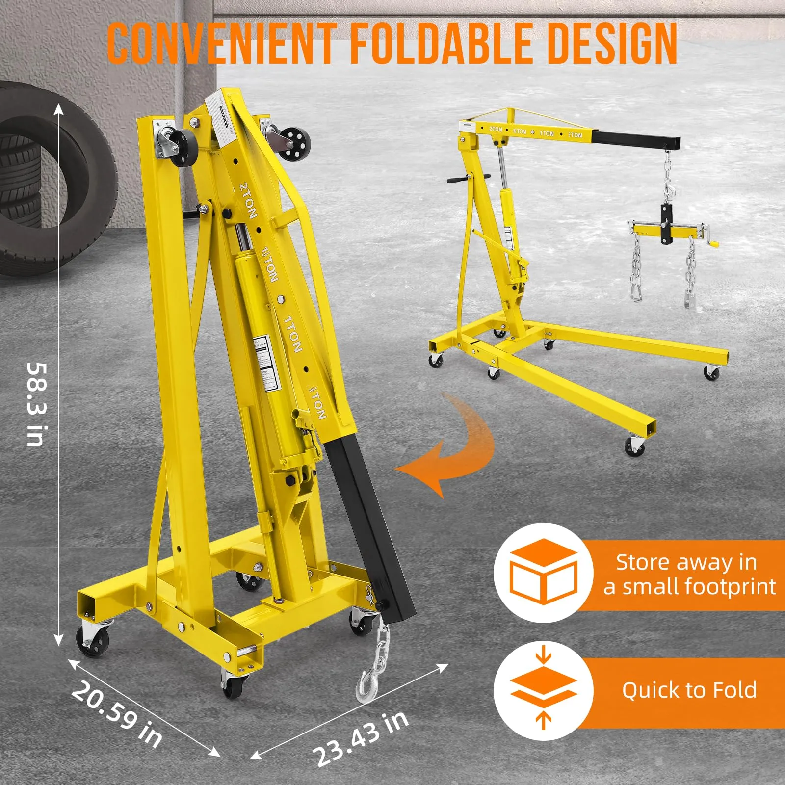 GARVEE Engine Hoist with Lever, 2 Ton 4000 Lbs Heavy Duty Folding Cherry Picker Engine Lift Hydraulic Tilting Engine Shop Crane with 6 Iron Caster Wheels Telescopic Boom Hitch,Yellow