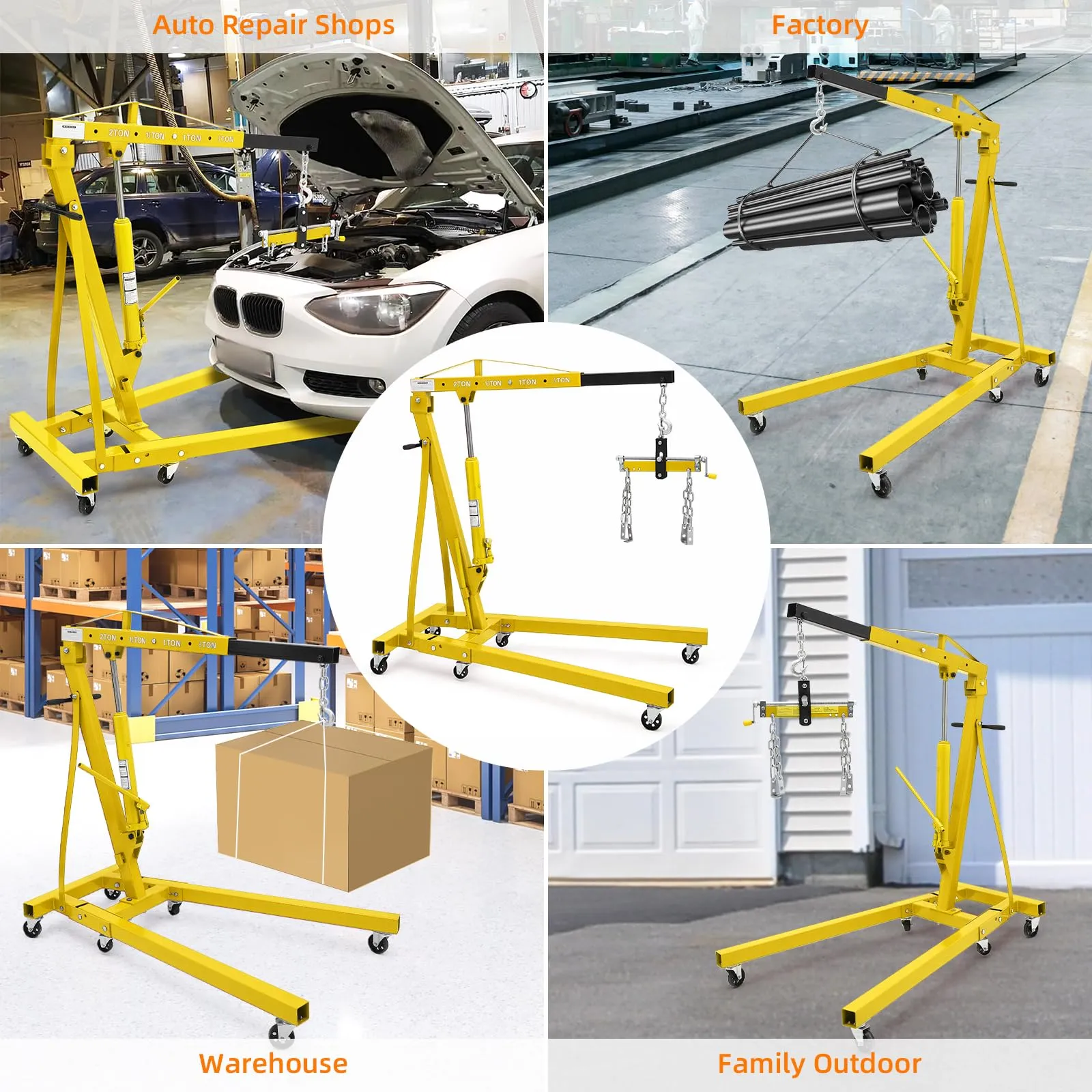 GARVEE Engine Hoist with Lever, 2 Ton 4000 Lbs Heavy Duty Folding Cherry Picker Engine Lift Hydraulic Tilting Engine Shop Crane with 6 Iron Caster Wheels Telescopic Boom Hitch,Yellow