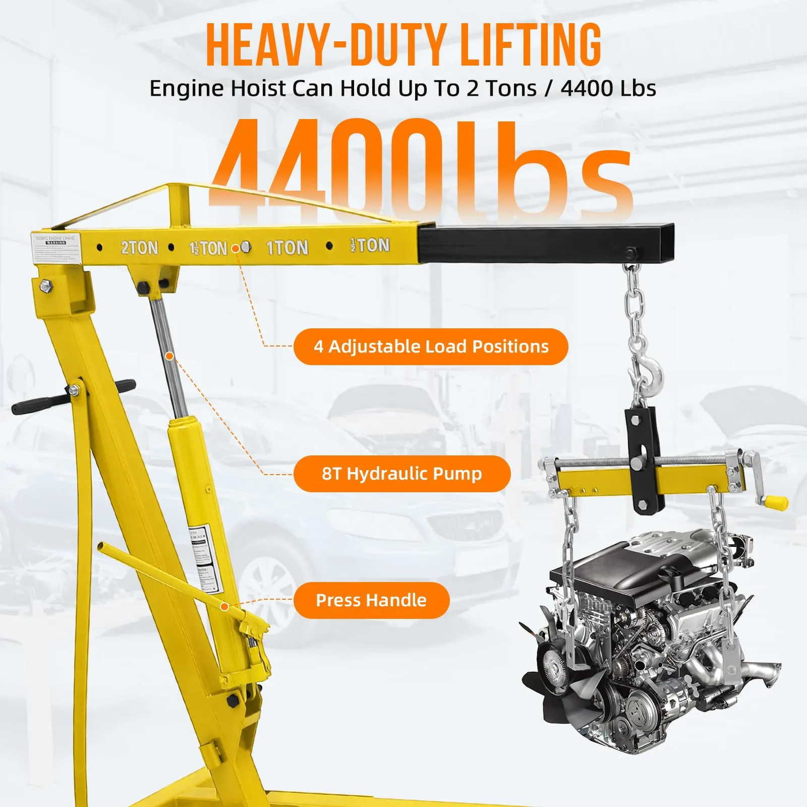 GARVEE Engine Hoist with Lever, 2 Ton 4000 Lbs Heavy Duty Folding Cherry Picker Engine Lift Hydraulic Tilting Engine Shop Crane with 6 Iron Caster Wheels Telescopic Boom Hitch,Yellow